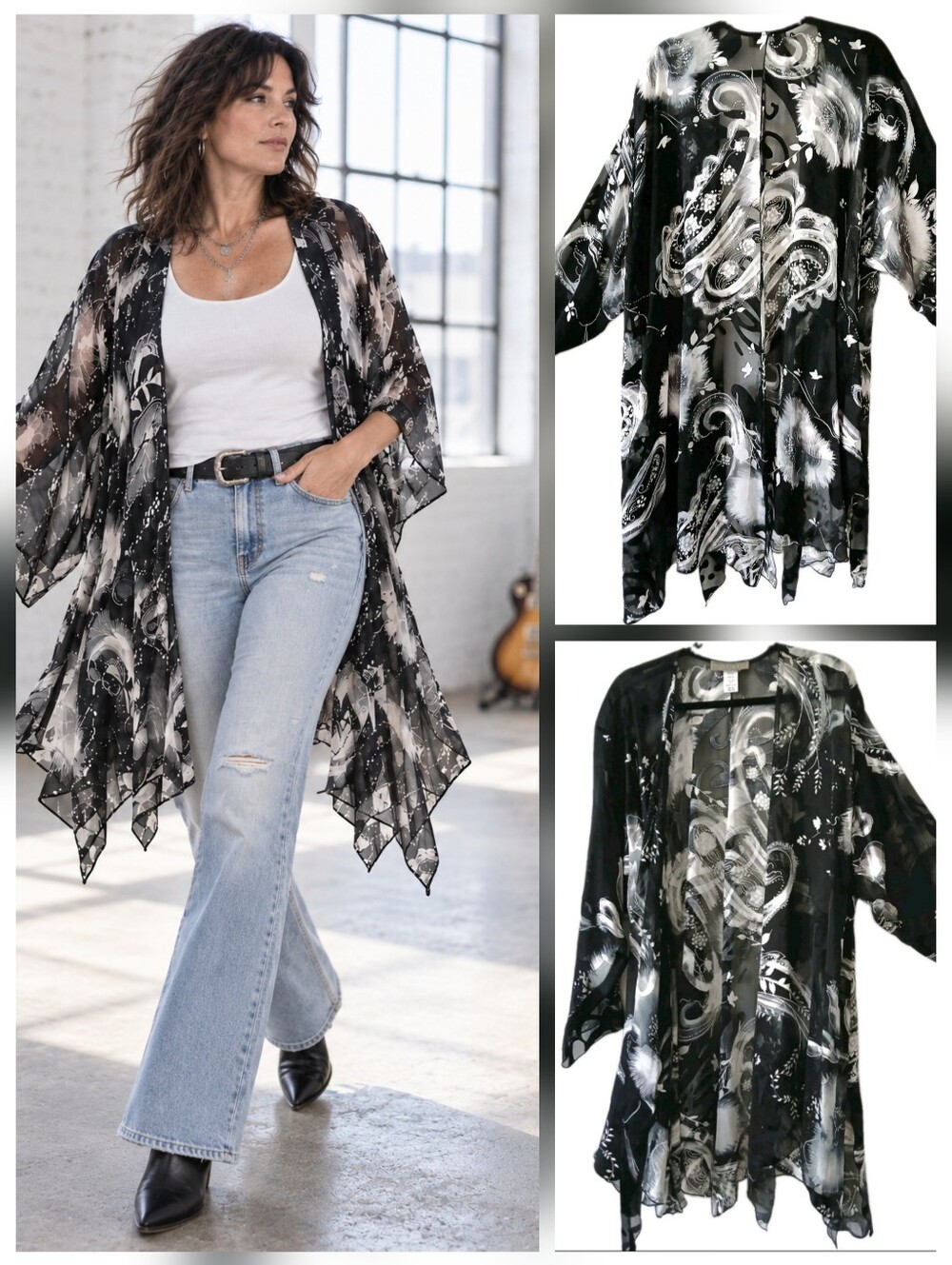 DINAH LEE Black 100% Silk Metallic Abstract Floral Kimono Duster Plus Size OS-3X